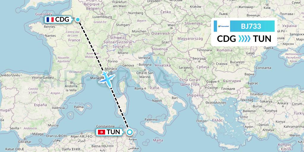 BJ733 Nouvelair Tunisie Flight Map: Paris to Tunis