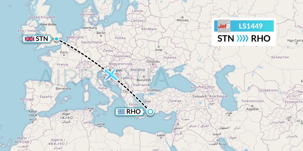 LS1449 Jet2 Flight Map: London to Rhodes