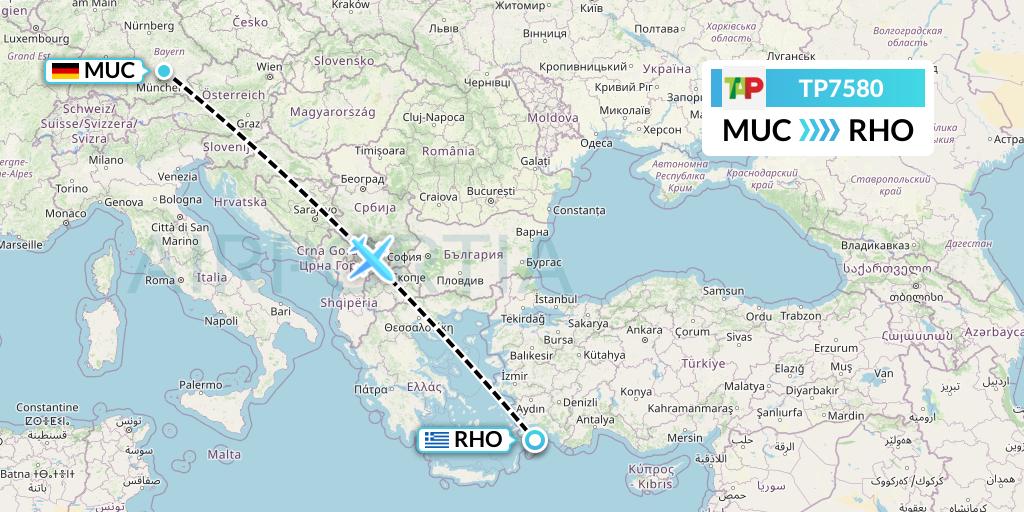 TP7580 TAP Portugal Flight Map: Munich to Rhodes