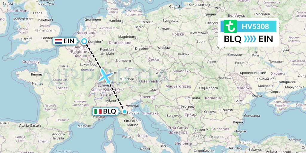 HV5308 Transavia Flight Map: Bologna to Eindhoven