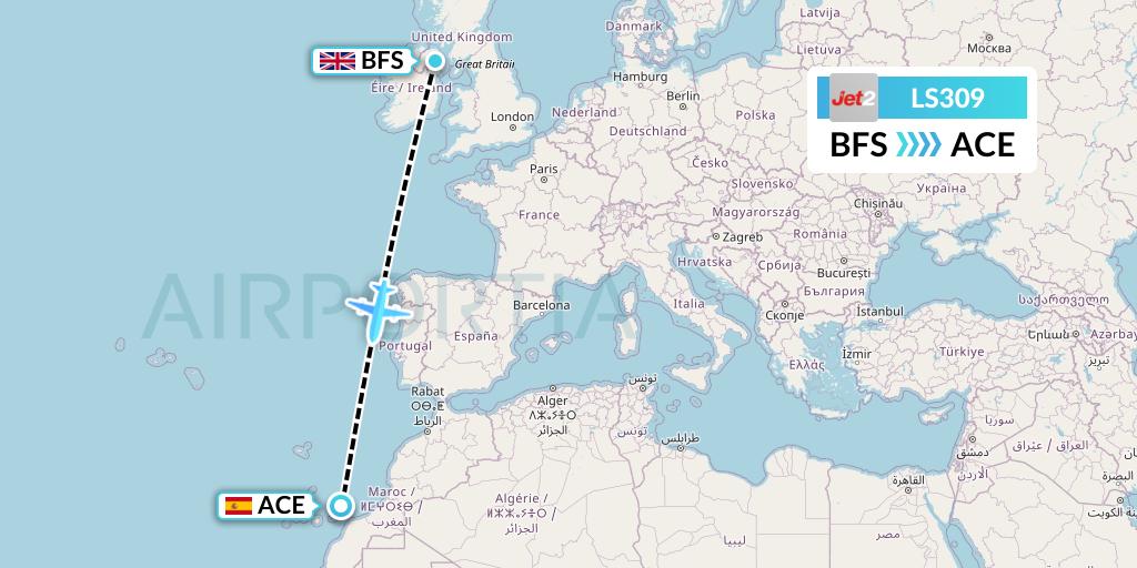 LS309 Jet2 Flight Map: Belfast to Lanzarote