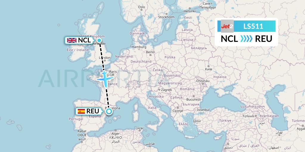 LS511 Jet2 Flight Map: Newcastle to Reus