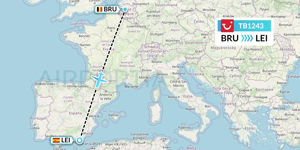 TB1243 TUI fly Belgium Flight Map: Brussels to Almeria