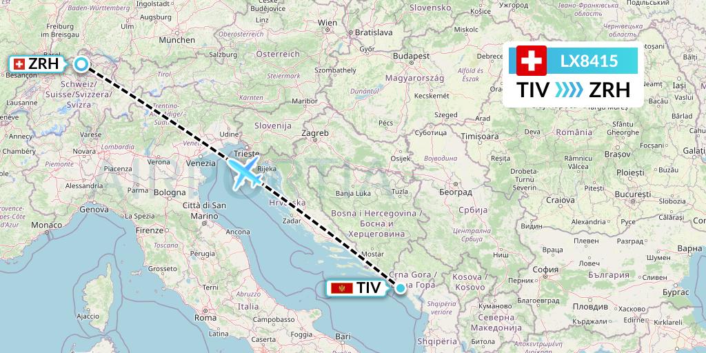 LX8415 Swiss Flight Map: Tivat to Zurich
