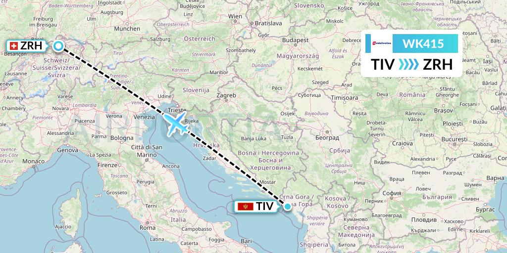 WK415 Edelweiss Air Flight Map: Tivat to Zurich