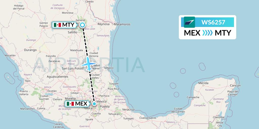 WS6257 WestJet Flight Map: Mexico City to Monterrey