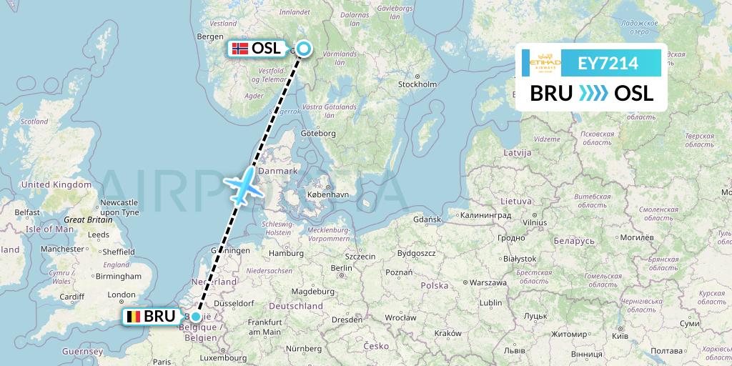 EY7214 Etihad Airways Flight Map: Brussels to Oslo