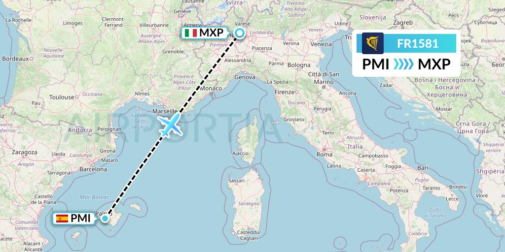 FR1581 Ryanair Flight Map: Palma de Mallorca to Milan