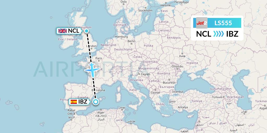 LS555 Jet2 Flight Map: Newcastle to Ibiza