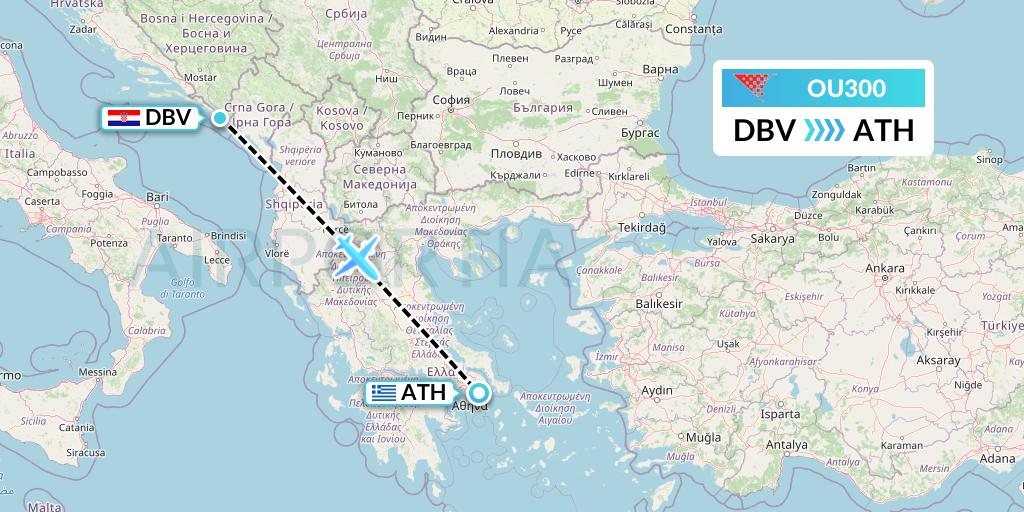 OU300 Croatia Airlines Flight Map: Dubrovnik to Athens