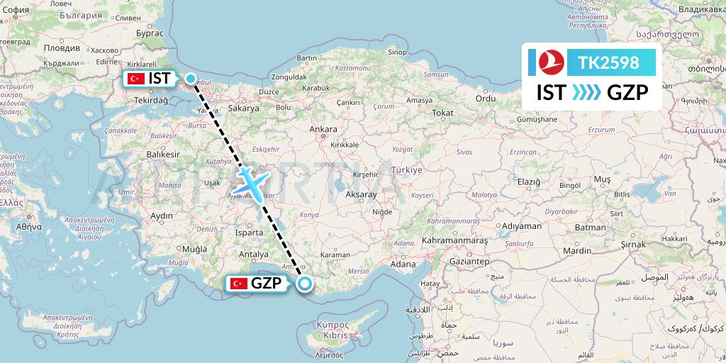 TK2598 Turkish Airlines Flight Map: Istanbul to Gazipasa