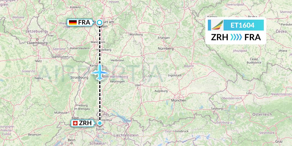 ET1604 Ethiopian Airlines Flight Map: Zurich to Frankfurt