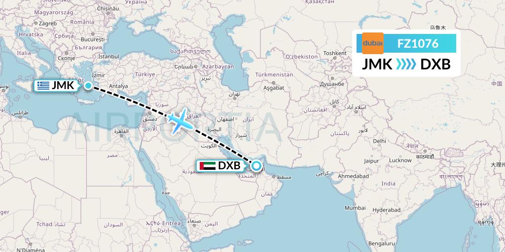 FZ1076 FlyDubai Flight Map: Mykonos to Dubai