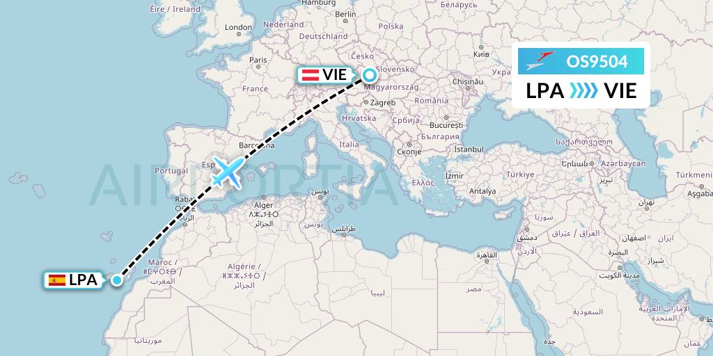 OS9504 Austrian Airlines Flight Map: Las Palmas to Vienna