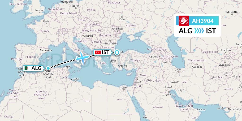 AH3904 Air Algerie Flight Map: Algiers to Istanbul