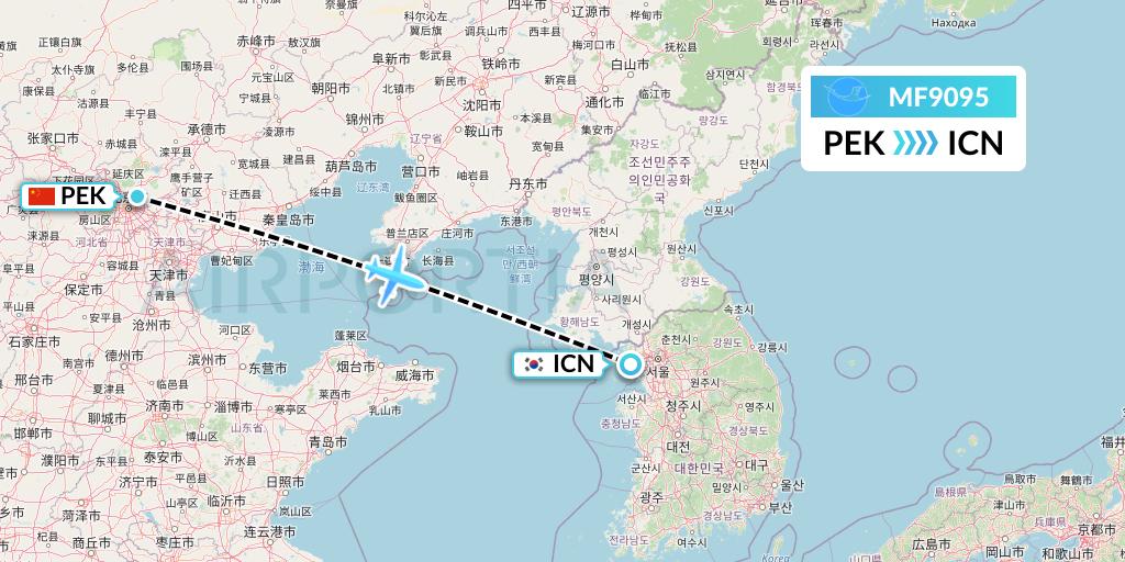 MF9095 Xiamen Airlines Flight Map: Beijing to Seoul