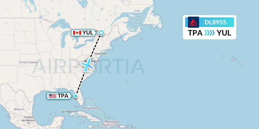 DL8955 Delta Air Lines Flight Map: Tampa to Montreal
