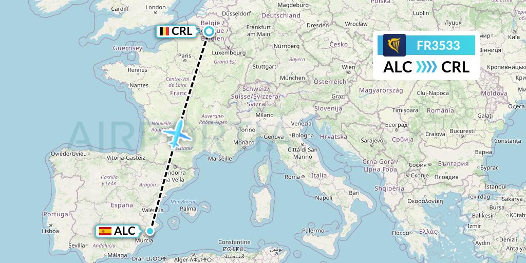 FR3533 Ryanair Flight Map: Alicante to Brussels