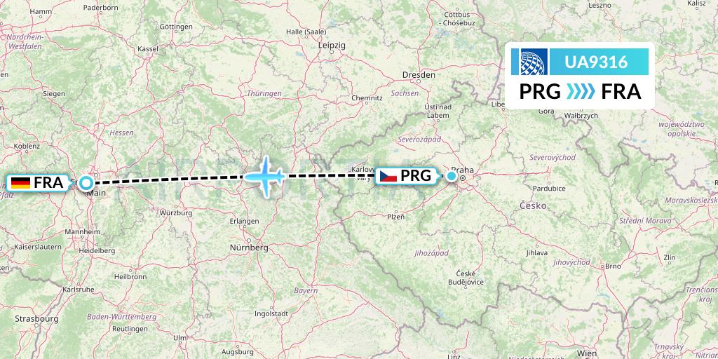 UA9316 United Airlines Flight Map: Prague to Frankfurt