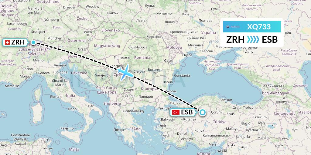 XQ733 SunExpress Flight Map: Zurich to Ankara