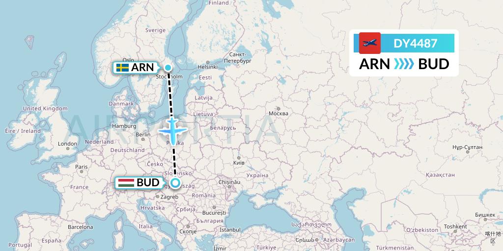 DY4487 Norwegian Flight Map: Stockholm to Budapest