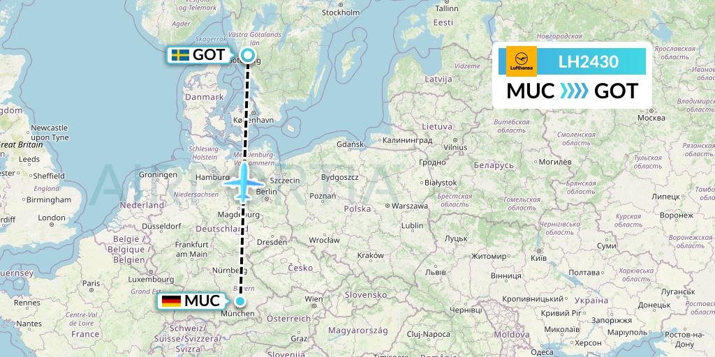 LH2430 Lufthansa Flight Map: Munich to Gothenburg