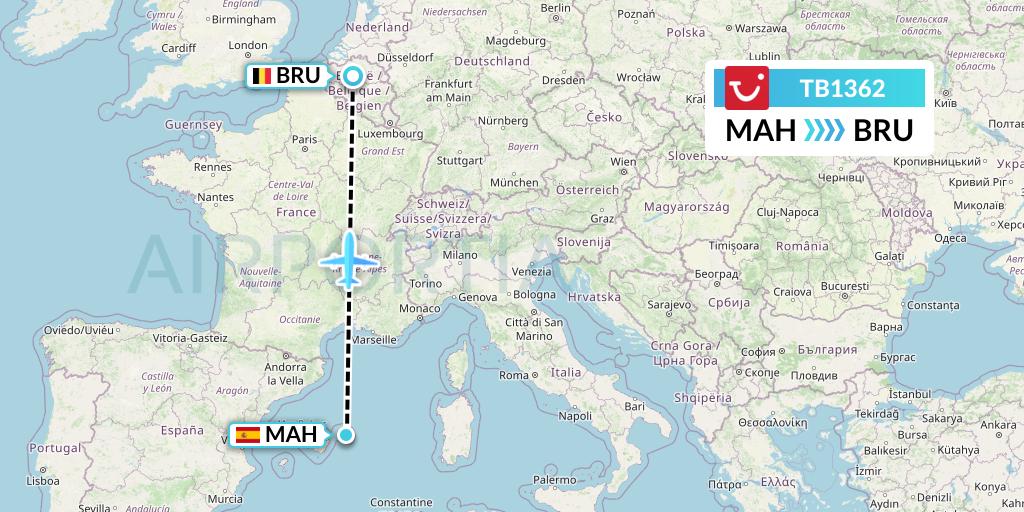 TB1362 TUI fly Belgium Flight Map: Mahon to Brussels