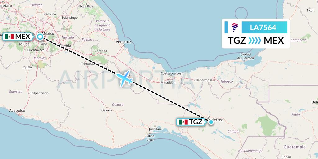 LA7564 LAN Airlines Flight Map: Tuxtla Gutierrez to Mexico City