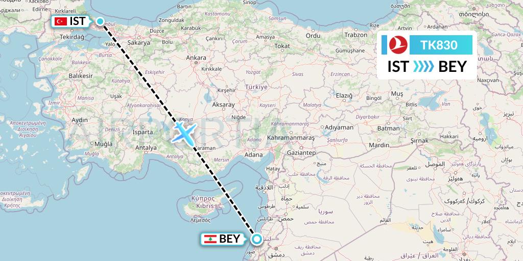 TK830 Turkish Airlines Flight Map: Istanbul to Beirut