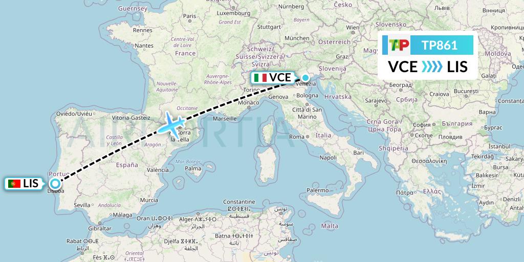 TP861 TAP Portugal Flight Map: Venice to Lisbon