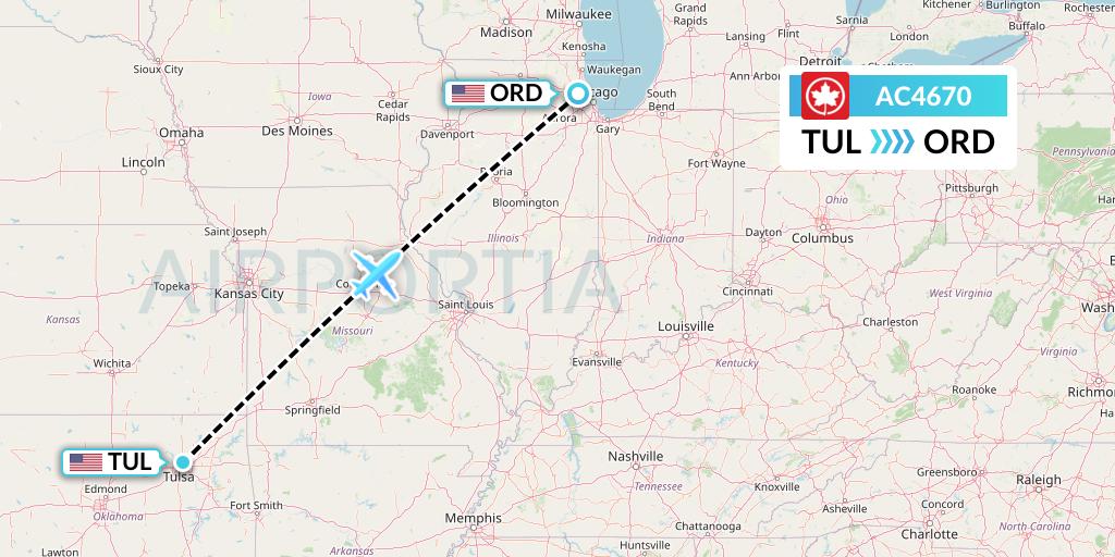 AC4670 Air Canada Flight Map: Tulsa to Chicago