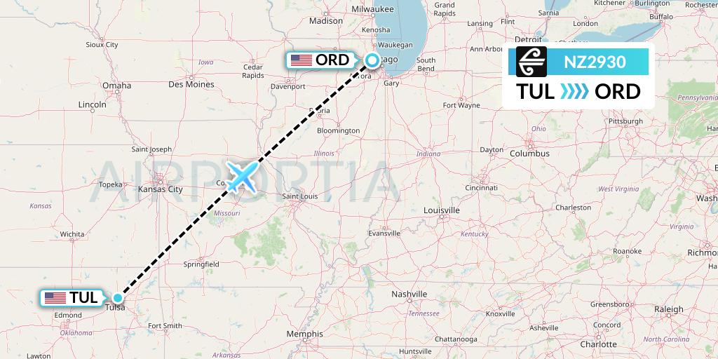 NZ2930 Air New Zealand Flight Map: Tulsa to Chicago