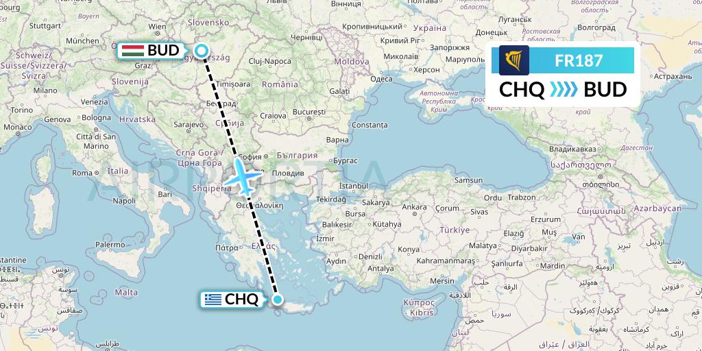 FR187 Ryanair Flight Map: Chania to Budapest