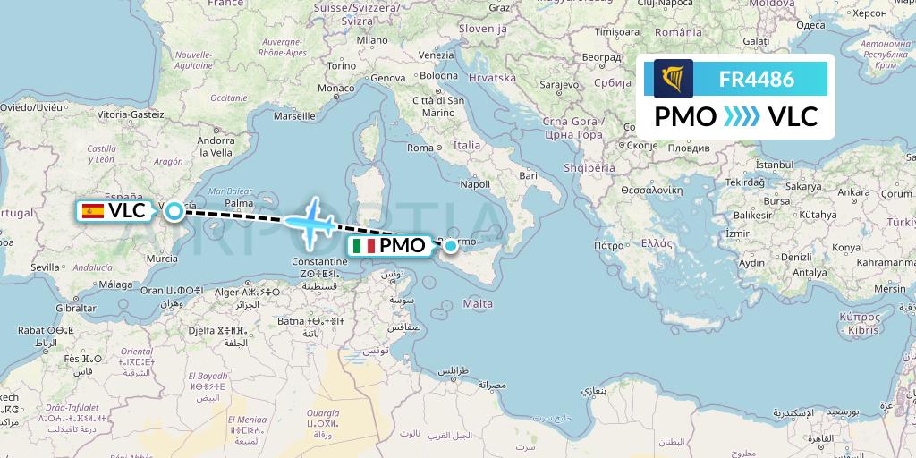 FR4486 Ryanair Flight Map: Palermo to Valencia