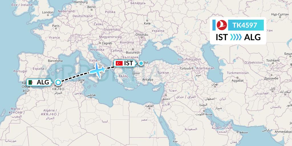 TK4597 Turkish Airlines Flight Map: Istanbul to Algiers