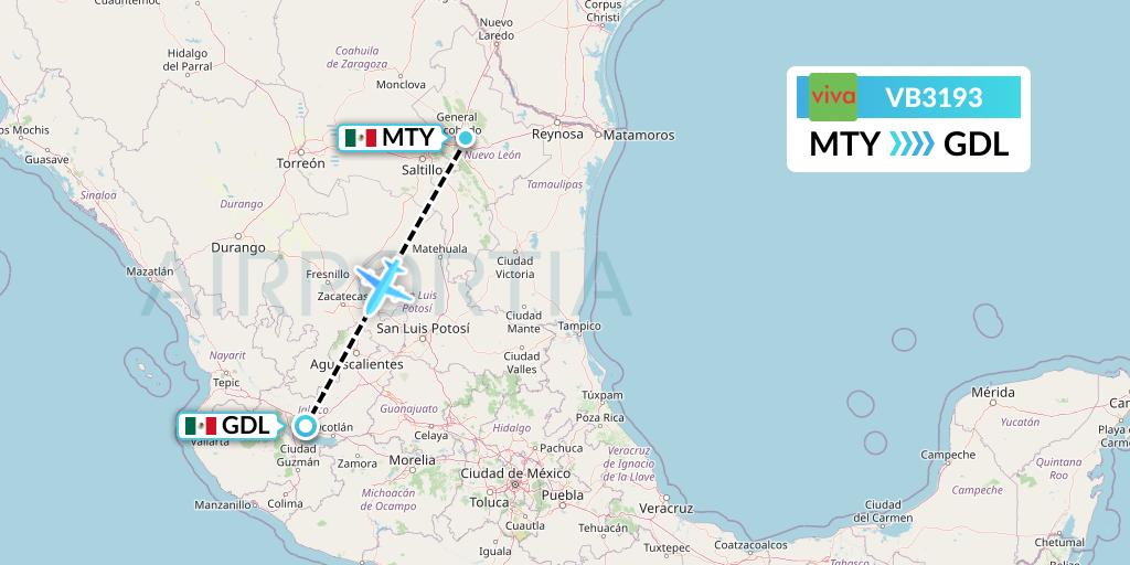VB3193 VivaAerobus Flight Map: Monterrey to Guadalajara