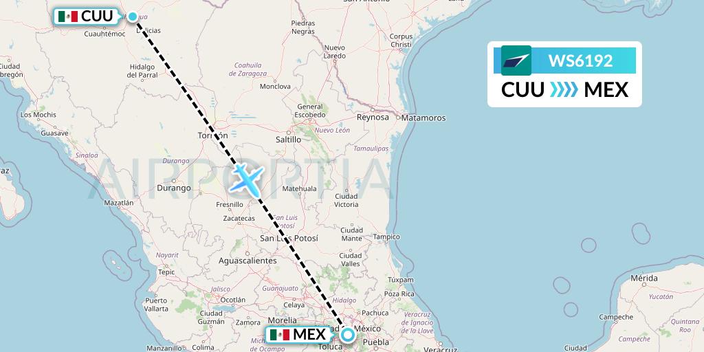 WS6192 WestJet Flight Map: Chihuahua to Mexico City