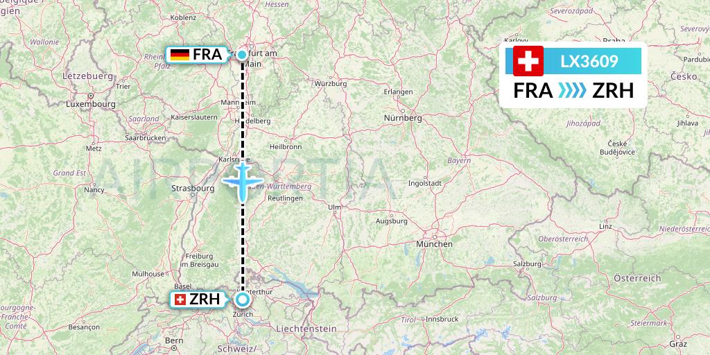 LX3609 Swiss Flight Map: Frankfurt to Zurich