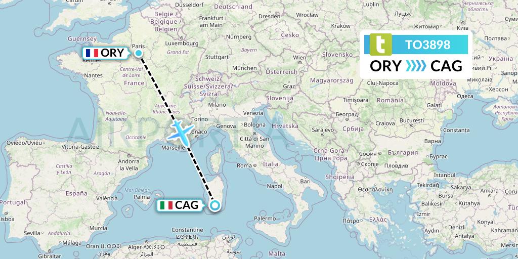 TO3898 Transavia France Flight Map: Paris to Cagliari