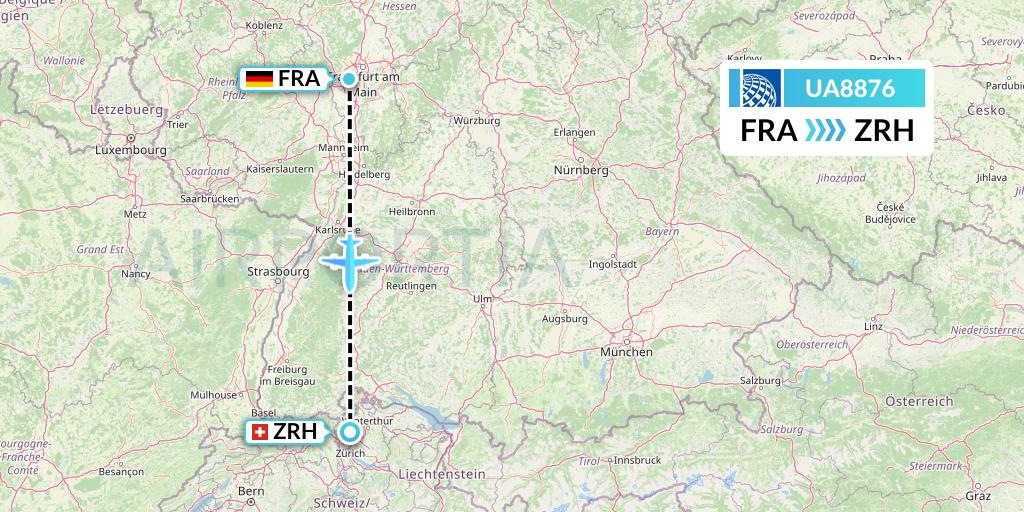 UA8876 United Airlines Flight Map: Frankfurt to Zurich