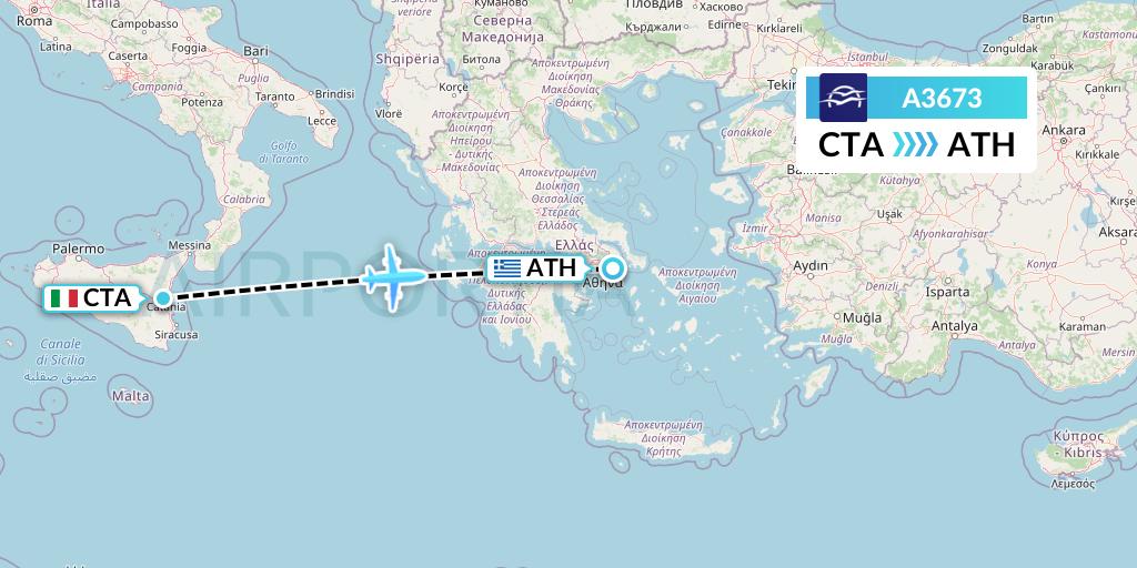 A3673 Aegean Airlines Flight Map: Catania to Athens