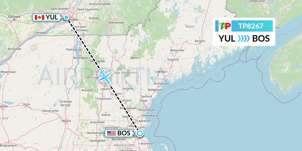 TP8267 TAP Portugal Flight Map: Montreal to Boston