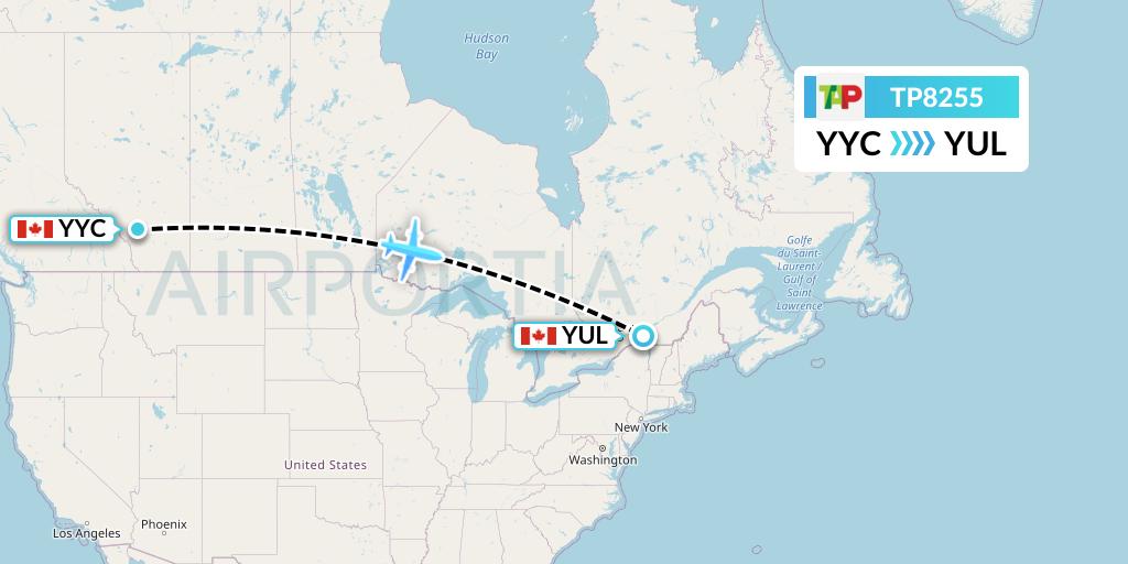 TP8255 TAP Portugal Flight Map: Calgary to Montreal