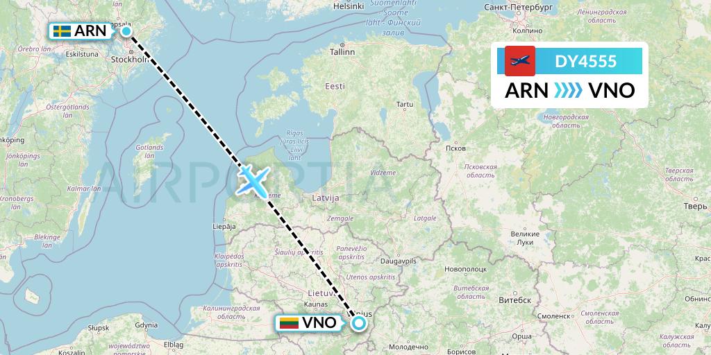 DY4555 Norwegian Flight Map: Stockholm to Vilnius