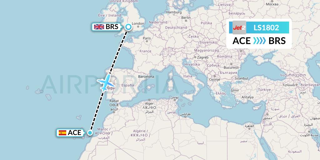 LS1802 Jet2 Flight Map: Lanzarote to Bristol