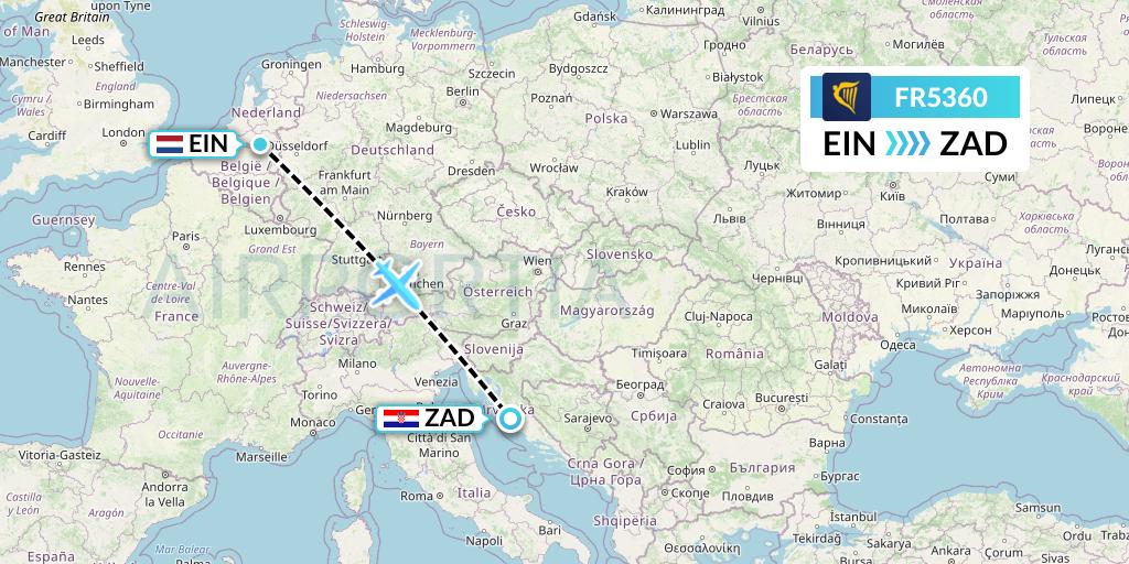 FR5360 Ryanair Flight Map: Eindhoven to Zadar