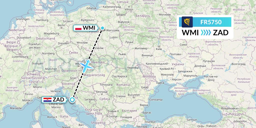 FR5750 Ryanair Flight Map: Warsaw to Zadar