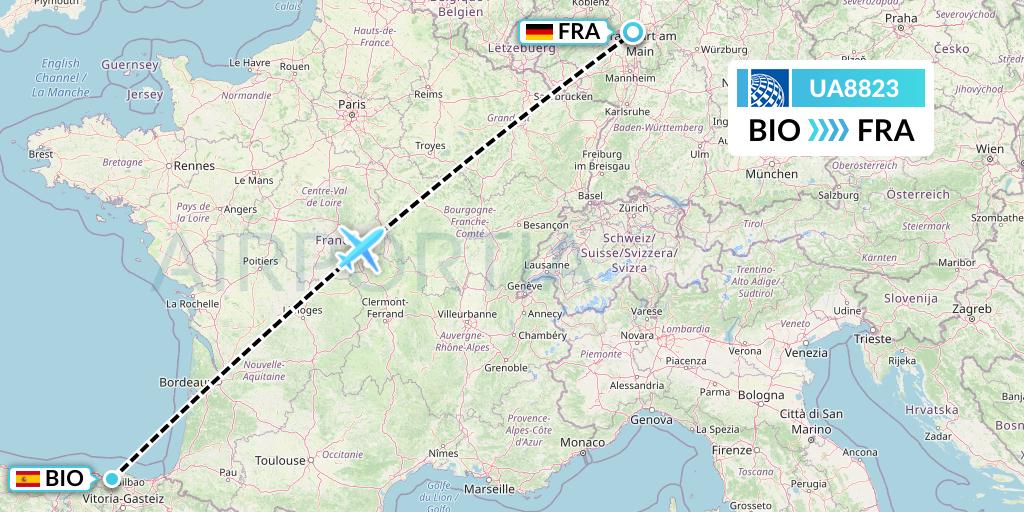 UA8823 United Airlines Flight Map: Bilbao to Frankfurt
