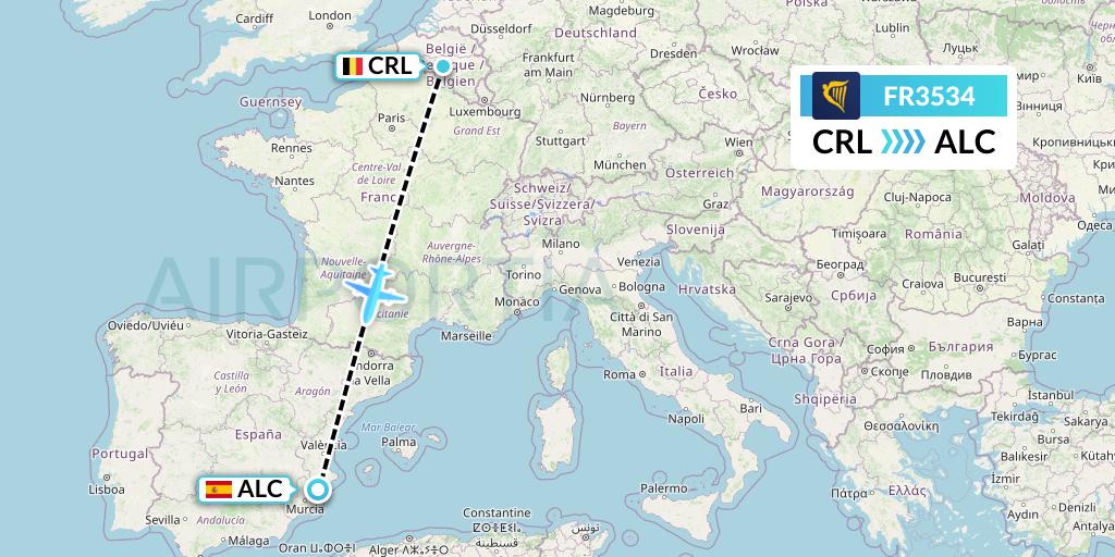 FR3534 Ryanair Flight Map: Brussels to Alicante