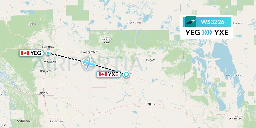 WS3226 WestJet Flight Map: Edmonton to Saskatoon
